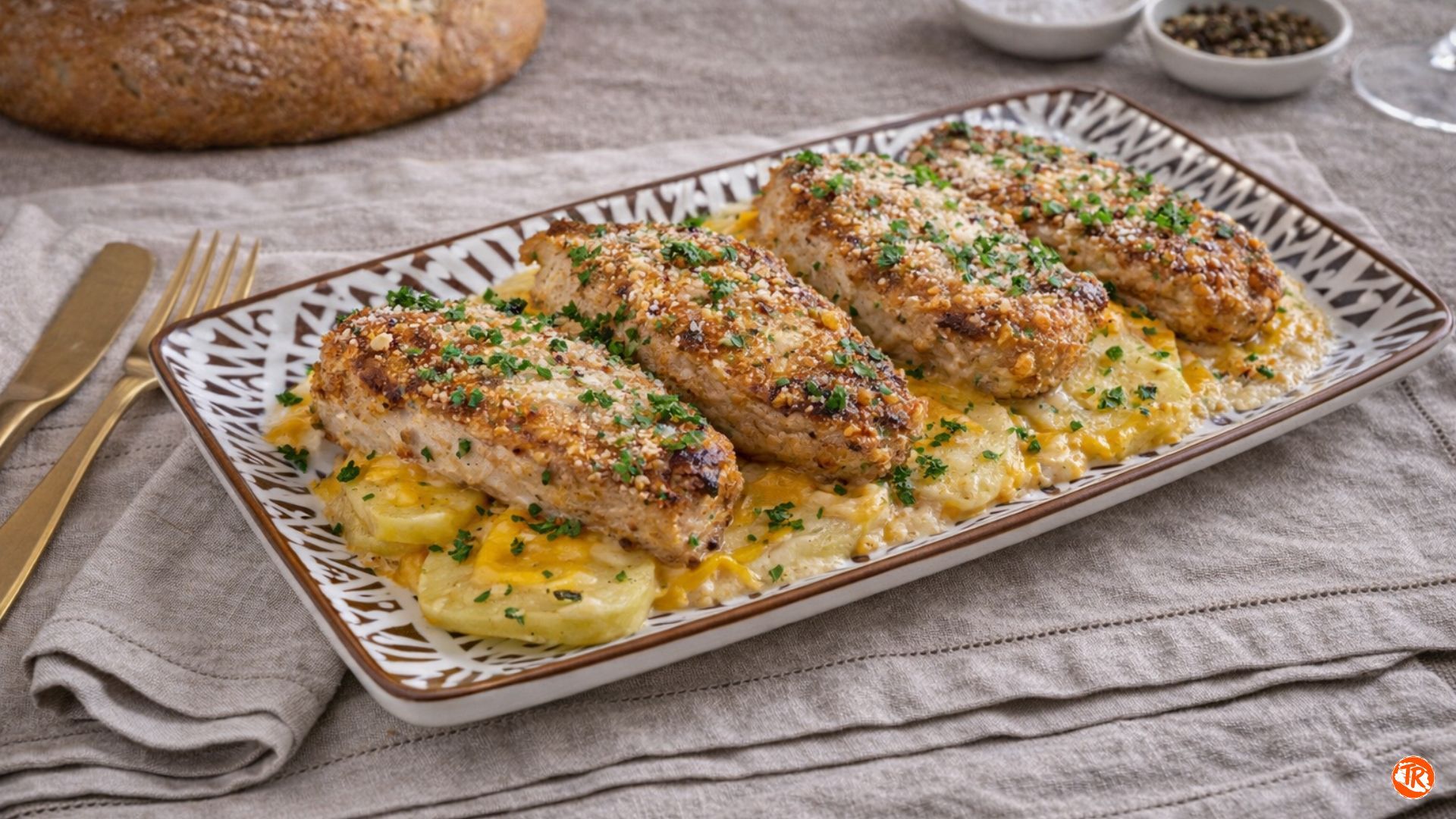 CHULETAS DE CERDO AL AJO Y PARMESANO CON PATATAS Y QUESO.