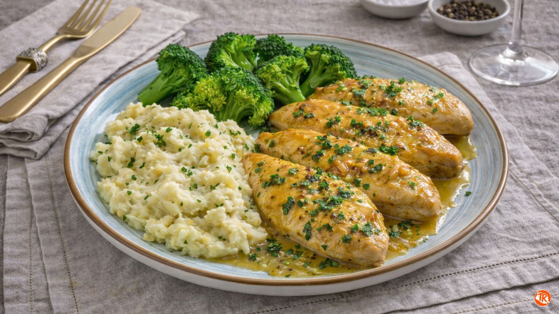 POLLO CON MIEL Y MOSTAZA CON PURÉ DE PATATAS AL AJO Y BRÓCOLI