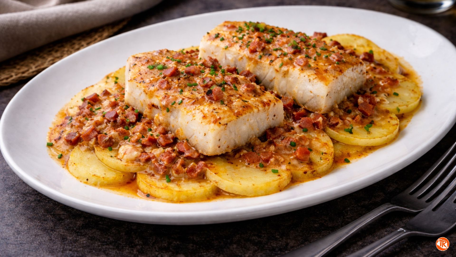 MERLUZA SOBRE PATATAS CON SALSA DE JAMÓN SERRANO